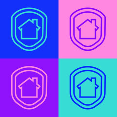 Pop art line House under protection icon isolated on color background. Home and shield. Protection, safety, security, protect, defense concept. Vector Illustration.