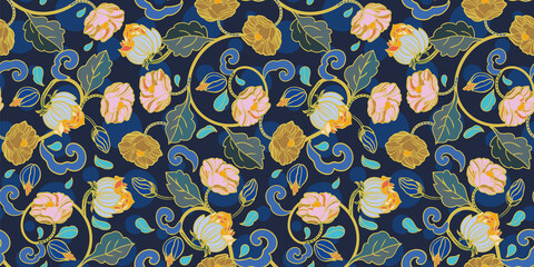 Vector royal baroque intarsia style floral pattern, seamless design with hand drawn historic florals on dark blue background. Nature background. Surface pattern design.