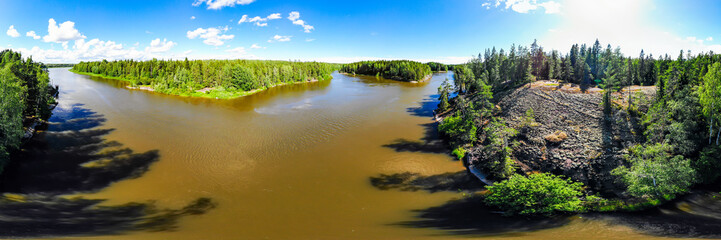 Aerial panoramic summer view of rapid Ahvionkoski at river Kymijoki, Finland.