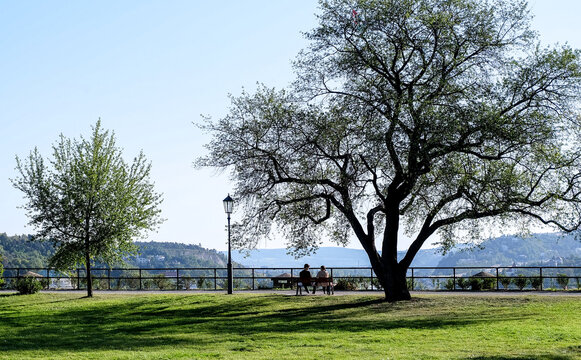 A couple of people sitting on the banch in the park in Prague