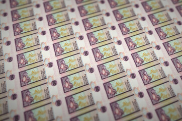 20 Sri Lankan rupees bills printed in illegal money production conveyor. Collage of many fake...