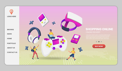 gaming on video game hardware in shopping online concept. Vector concept illustration.