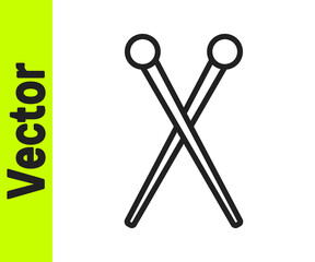 Black line Knitting needles icon isolated on white background. Label for hand made, knitting or tailor shop. Vector Illustration.