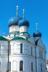 Russia, Uglich, July 2020. Close-up of an old orthodox cathedral with blue domes.