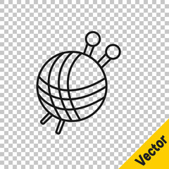 Black line Yarn ball with knitting needles icon isolated on transparent background. Label for hand made, knitting or tailor shop. Vector Illustration.