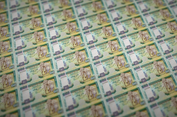 1000 Sri Lankan rupees bills printed in illegal money production conveyor. Collage of many fake...
