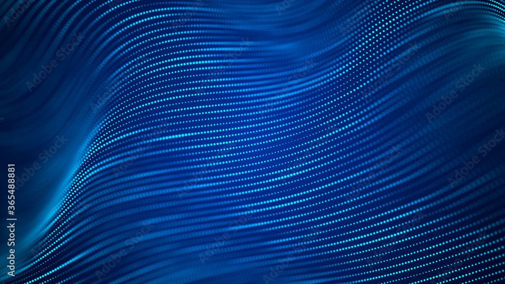 Poster digital dynamic wave of particles. abstract blue futuristic background. big data visualization. 3d r