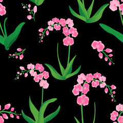 Seamless floral pattern with pink orchid on white background. Exotic tropical flowers. Vector design illustration for fashion, fabric, textile, decoration.