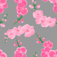 Seamless floral pattern with pink orchid on gray background. Exotic tropical flowers. Vector design illustration for fashion, fabric, textile, decoration.
