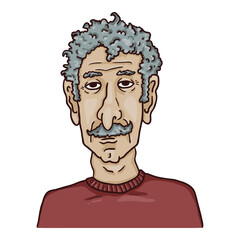 Vector Cartoon Character - Old Man with Curly Gray Hair and Moustache.
