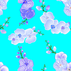 Seamless floral pattern with blue and white orchid on light blue background. Exotic tropical flowers. Vector design illustration for fashion, fabric, textile, decoration.