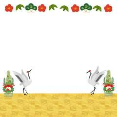 鶴と門松の正月イラストフレーム、正方形バナー