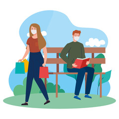 couple wearing medical mask, woman carrying shopping bags and man reading book, on outdoor vector illustration design