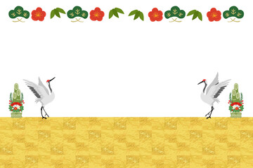 鶴と門松の正月イラストフレーム、A4サイズ横
位置ポスター・バナー対応