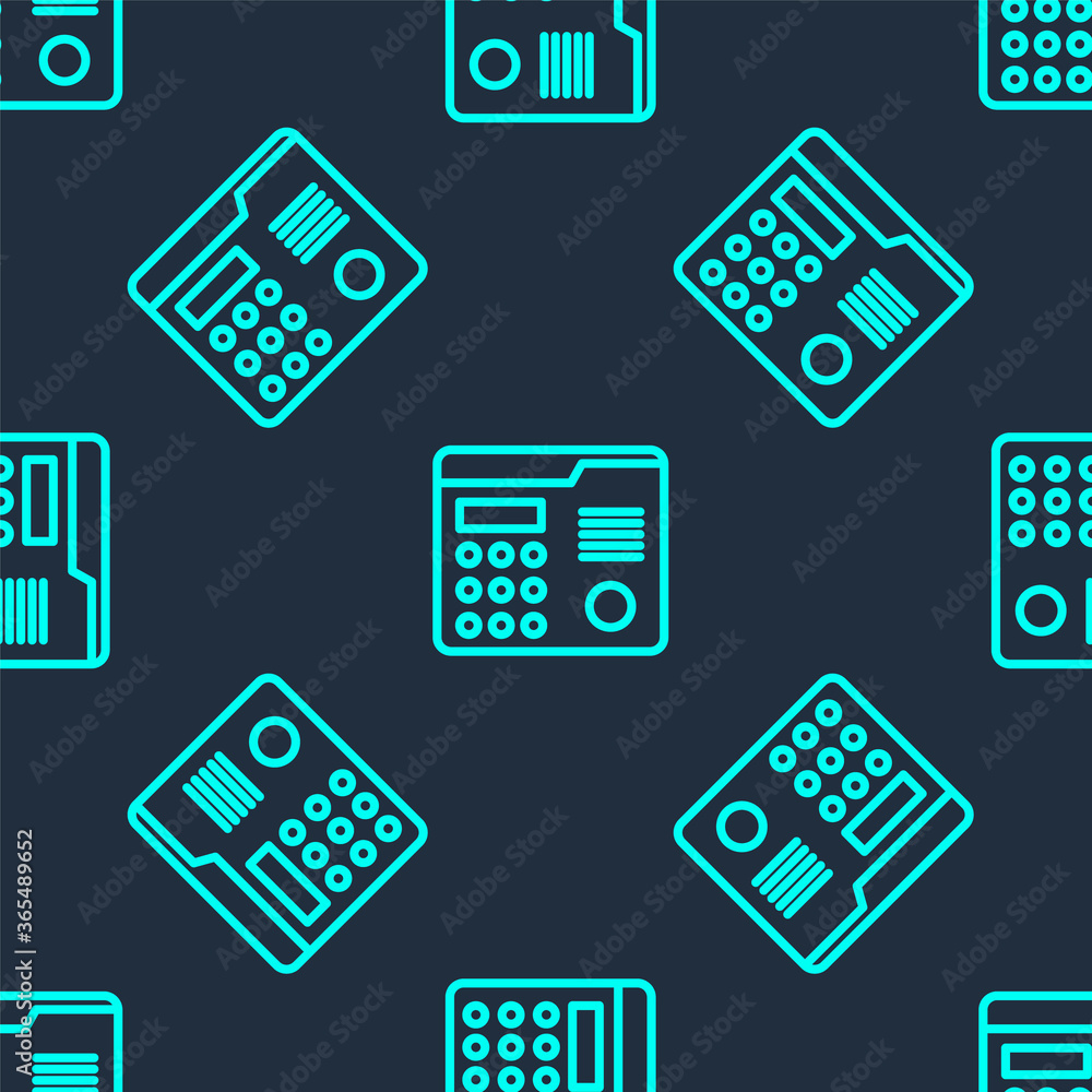 Poster green line house intercom system icon isolated seamless pattern on blue background. vector illustrat