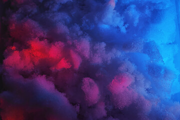 Closeup of snow at night in neon colored light.