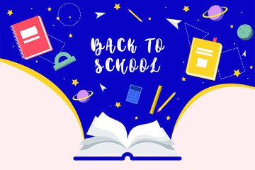 School textbook. School is coming soon. Return to school. Poster for school. Vector illustration. School subjects