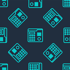Green line House intercom system icon isolated seamless pattern on blue background. Vector Illustration.