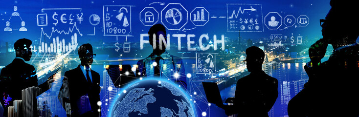Multiple exposure of scheme, cityscape and businesspeople. Fintech concept