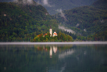 Picturesque view to the Bled lake with Pilgrimage Church of the Assumption of Maria at Bled island, Bled, Slovenia
