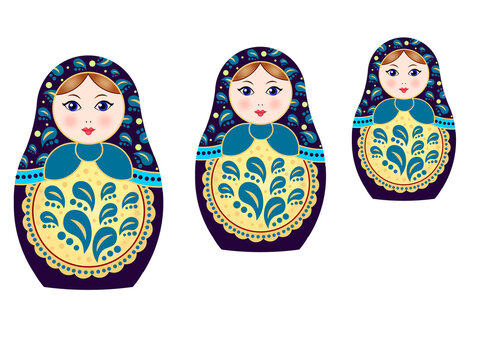 Three russian nesting dolls matryoshka isolated on white background