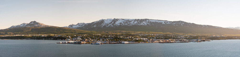 Panorama of the town of Akureyri and Eyjafjordur fjord in north Iceland