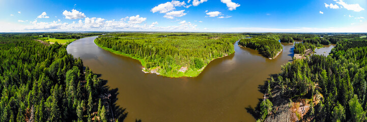 Aerial panoramic summer view of rapid Ahvionkoski at river Kymijoki, Finland.