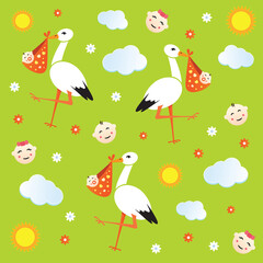 Obraz na płótnie Canvas Seamless cartoon background with storks carrying newborn babies.Vector illustration
