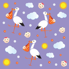 Seamless cartoon background with storks carrying newborn babies.Vector illustration