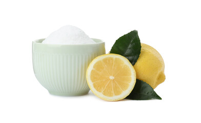 Baking soda and cut lemons on white background