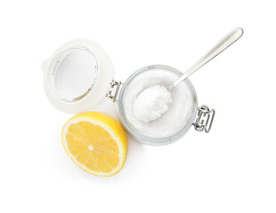 Baking soda and lemon on white background, top view