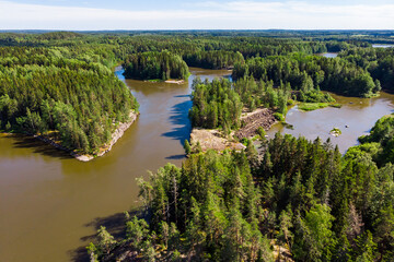 Fototapeta premium Aerial summer view of rapid Ahvionkoski at river Kymijoki, Finland.
