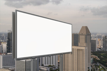 Blank white road billboard with Singapore cityscape background at sunset. Street advertising poster, mock up, 3D rendering. Side view. The concept of marketing communication to sell idea.