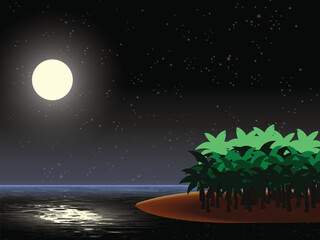 Tropical-Island under a full moon and starry night sky with reflection in water.