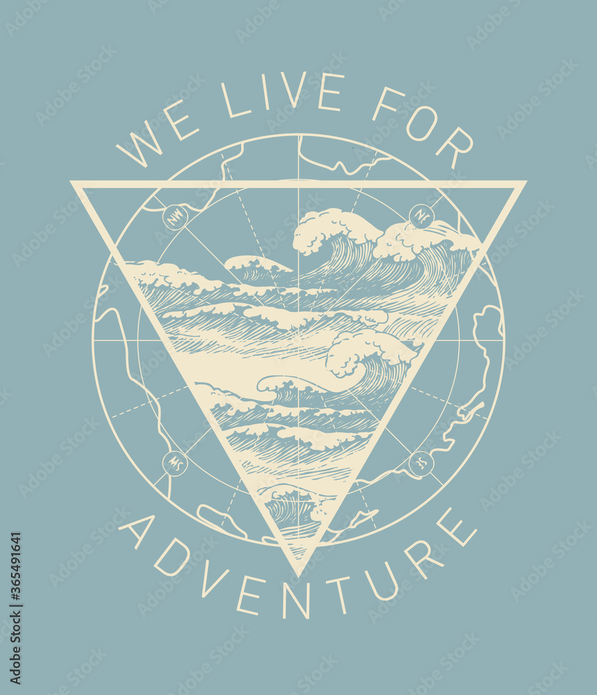 Poster hand-drawn illustration with an old map and a triangle with waves in retro style. vector banner on t