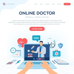 Online medical consultation and support services concept. Online healthcare and medical advise. Tele medicine e-health service. Doctor videocalling on laptop screen. Colourful flat vector illustration
