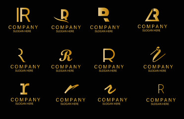 Letter R Logo Design Set Golden and Black Color