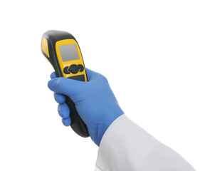Doctor in latex gloves holding non contact infrared thermometer on white background, closeup. Measuring temperature