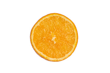 Slice of orange fruit with light shining through backlight showing the structure and details isolated on a white background