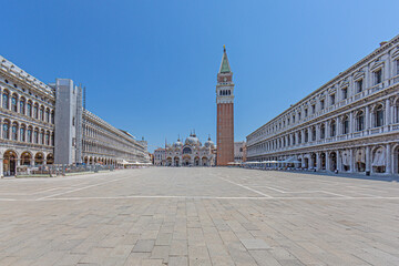 Picture of Plaza San Marco in Venice with Campanile and ST. Marcus Basilika during Crona lockdown without people