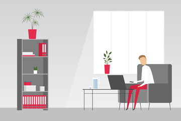 Man sitting in armchair with laptop. Freelancing. Vector illustration.
