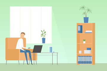 Man sitting with laptop in cozy home office. Teleworking. Vector illustration.