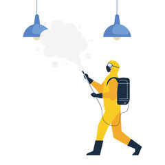 person in protective suit or clothing, spray to cleaning and disinfect virus in lamps hanging, covid 19 disease on white background vector illustration design
