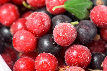frozen fruit cherry, raspberry, blackcurrant in bags, close-up view from above