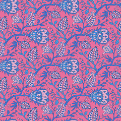 Obraz premium Seamless floral vector pattern with clusters of indian festival blue flower inflorescences on pink background. Modern art nouveau branches tiles with oriental motif