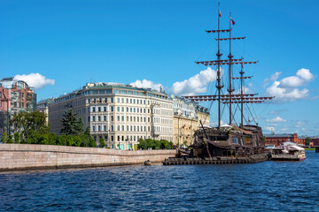 Fototapeta na wymiar Saint Petersburg, floating restaurant near Mytninskaya embankment of the Malaya Neva river,