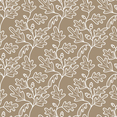 Seamless background with oak leaves and acorns. Botanical pattern for invitations, congratulations, cards, covers, packaging, posters, textiles, wallpapers. Vector illustration.