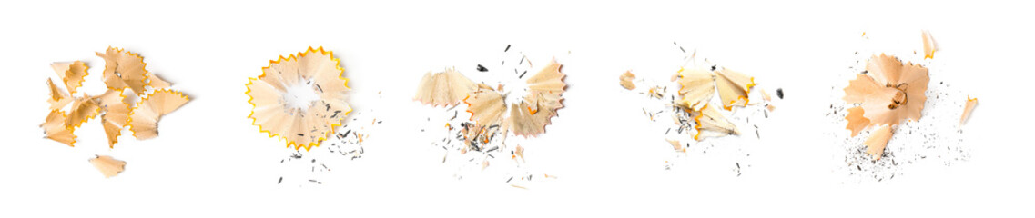 Pencil shavings on white background, top view. Banner design