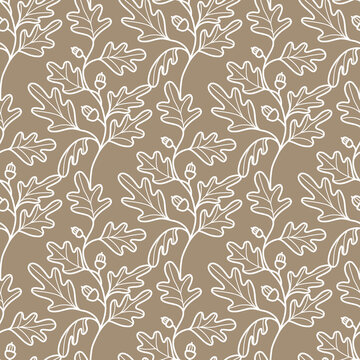 Seamless background with oak leaves and acorns. Botanical pattern for invitations, congratulations, cards, covers, packaging, posters, textiles, wallpapers. Vector illustration.