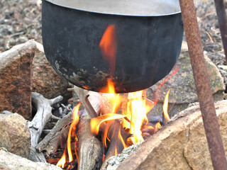 Pot over the fire in the forest.